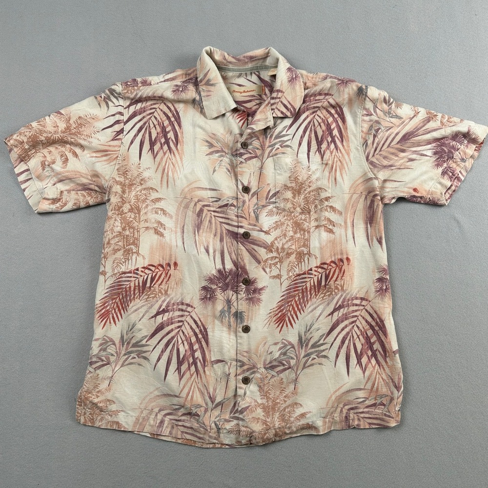 Tommy Bahama Silk Shirt Mens Medium Tan Palm Print Tropical Camp Aloha Button Up